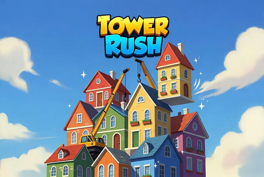 Tower Rush game artwork with the crane lifting a house onto the tower
